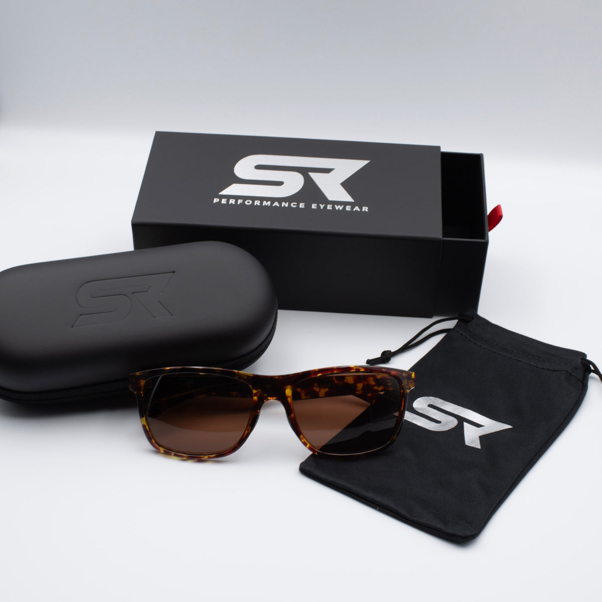 SR Apex premium sunglasses packaging with case and cleaning pouch by SR Performance Eyewear.