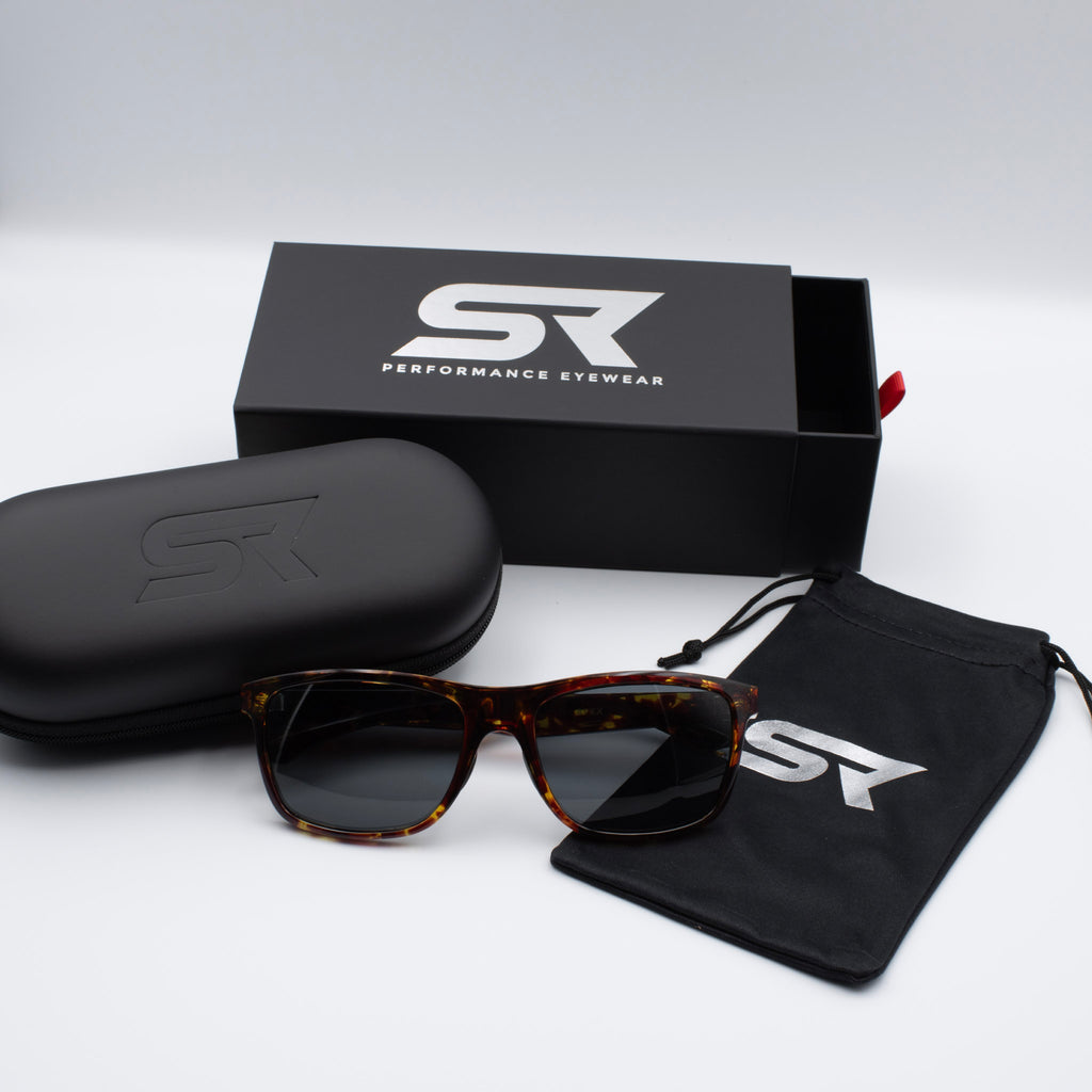 SR Apex sunglasses with protective hard case, microfiber pouch, and premium box included.