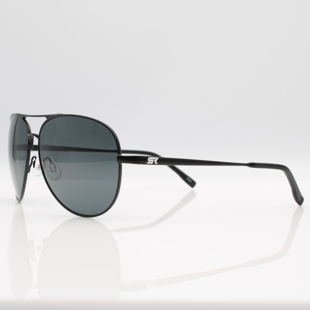 Matte Stealth Black Blackbird Aviator sunglasses with gray lenses, slim headset-friendly temple profile.